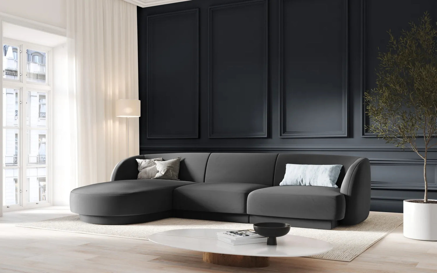 Miley 4-Sitzer Ecksofa Links mit Bezug aus Samt (Blu14) in Grau, 255x156 cm – Bild 1