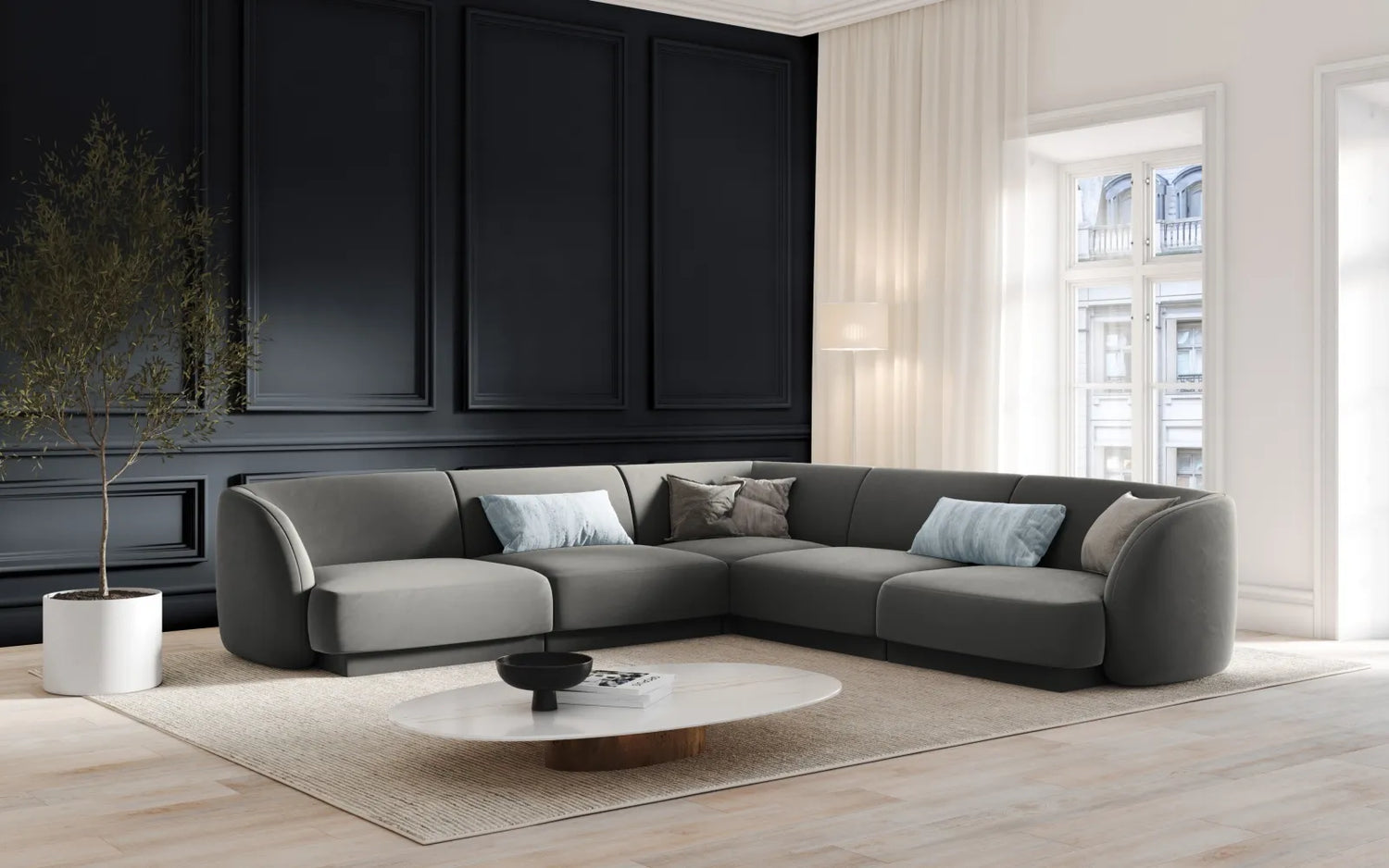 Miley 5-Sitzer Ecksofa mit Bezug aus Samt (Blu13) in Hellgrau, 255x255 cm – Bild 2
