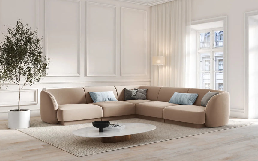 Miley 5-Sitzer Ecksofa mit Bezug aus Samt (Blu40) in Cappuccino, 255x255 cm – Bild 5