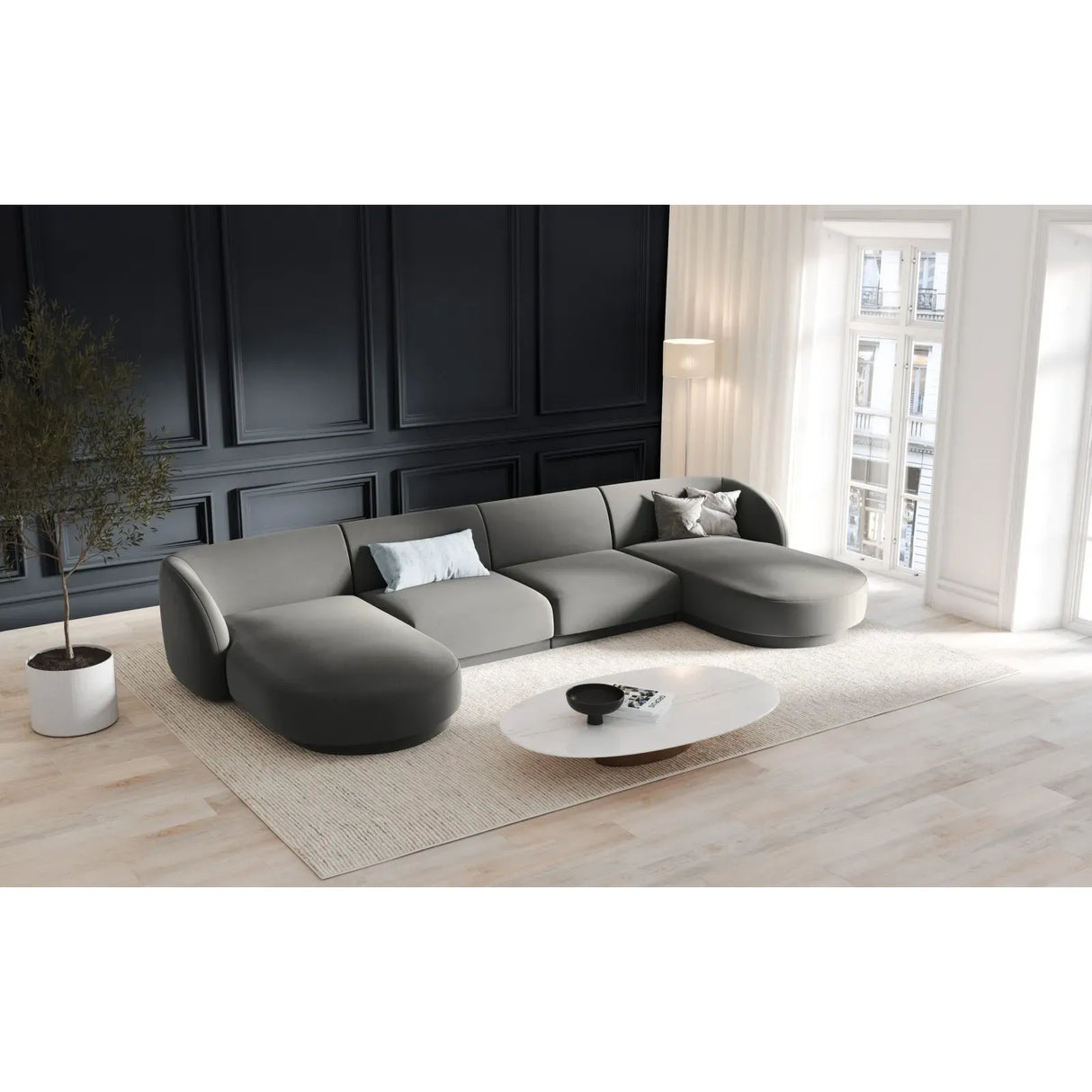 Miley 5-seater panoramic sofa with velvet or boucle upholstery, 330x156 cm