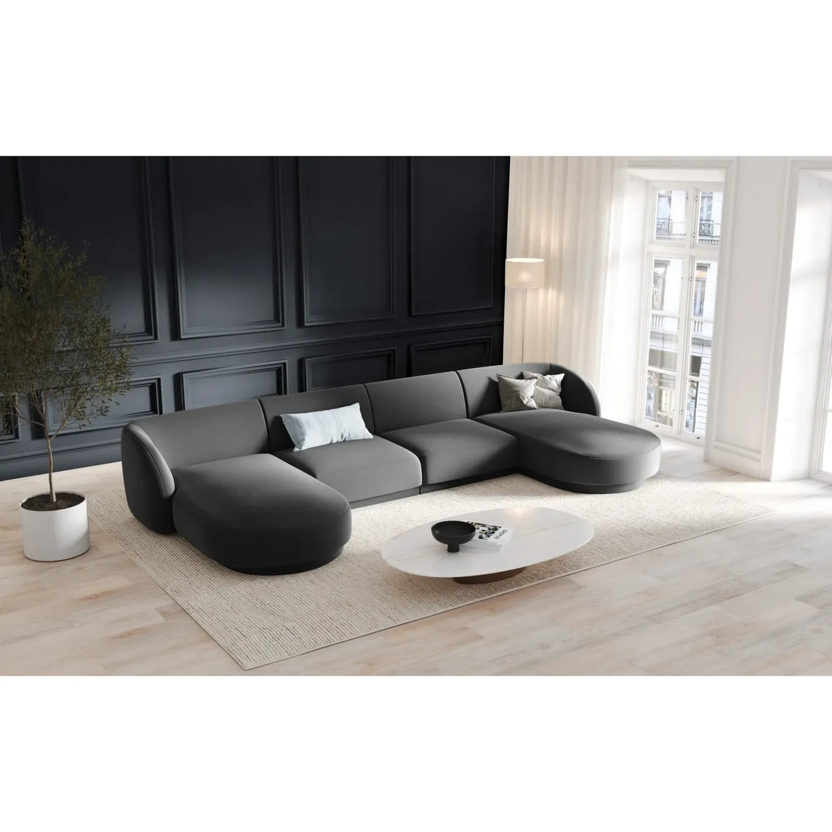 Miley 5-seater panoramic sofa with velvet or boucle upholstery, 330x156 cm