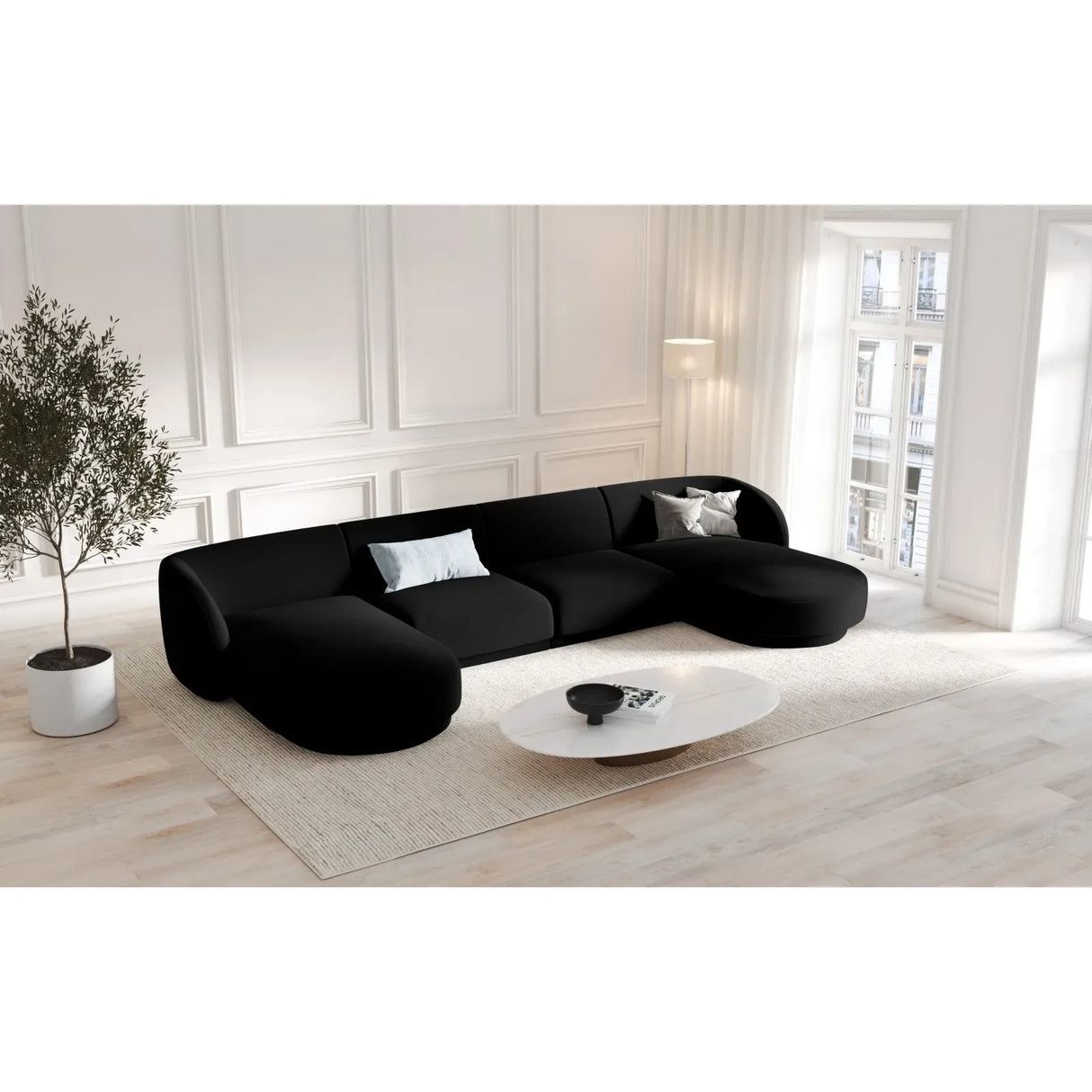 Miley 5-seater panoramic sofa with velvet or boucle upholstery, 330x156 cm