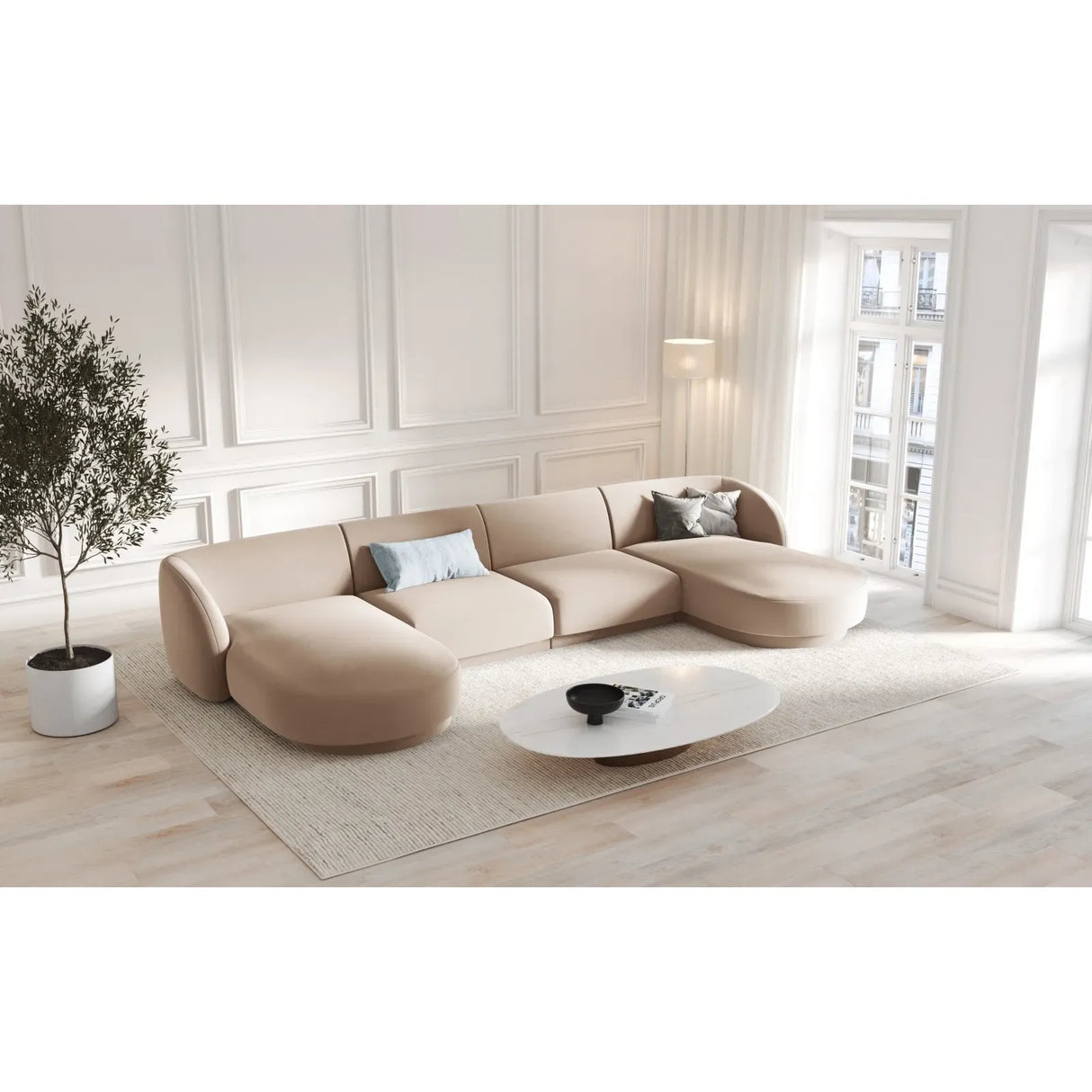 Miley 5-seater panoramic sofa with velvet or boucle upholstery, 330x156 cm