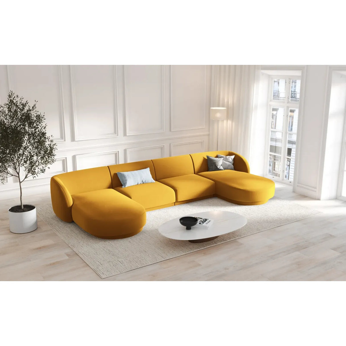 Miley 5-seater panoramic sofa with velvet or boucle upholstery, 330x156 cm
