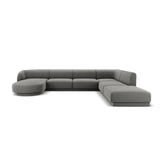Miley 6-seater panoramic sofa right with velvet or boucle upholstery, 330x255 cm