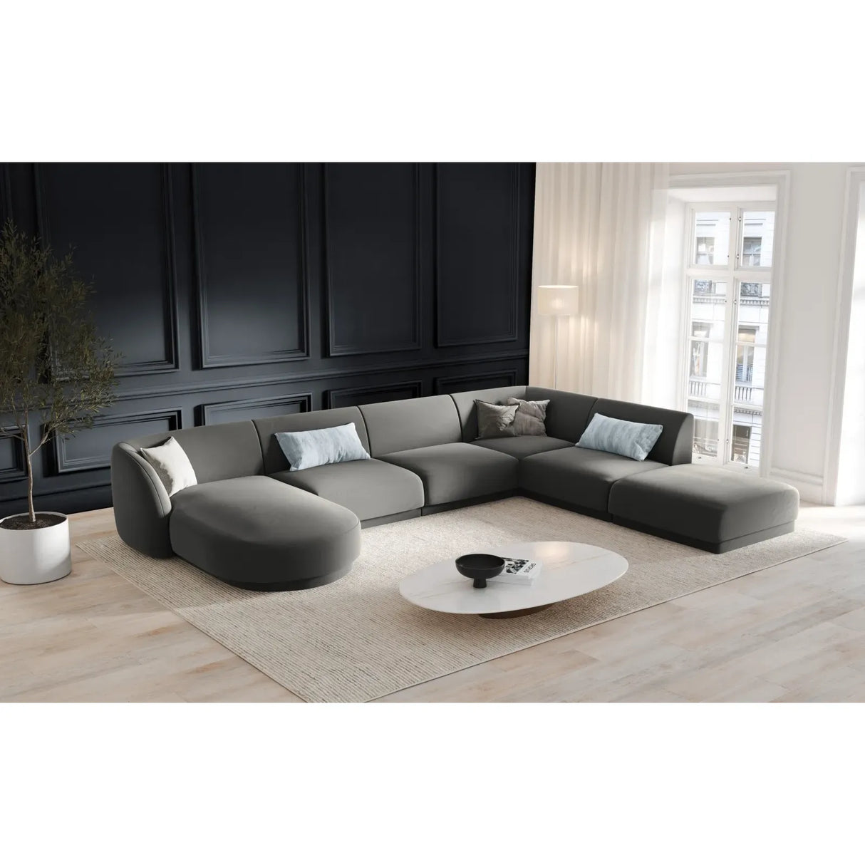 Miley 6-seater panoramic sofa right with velvet or boucle upholstery, 330x255 cm