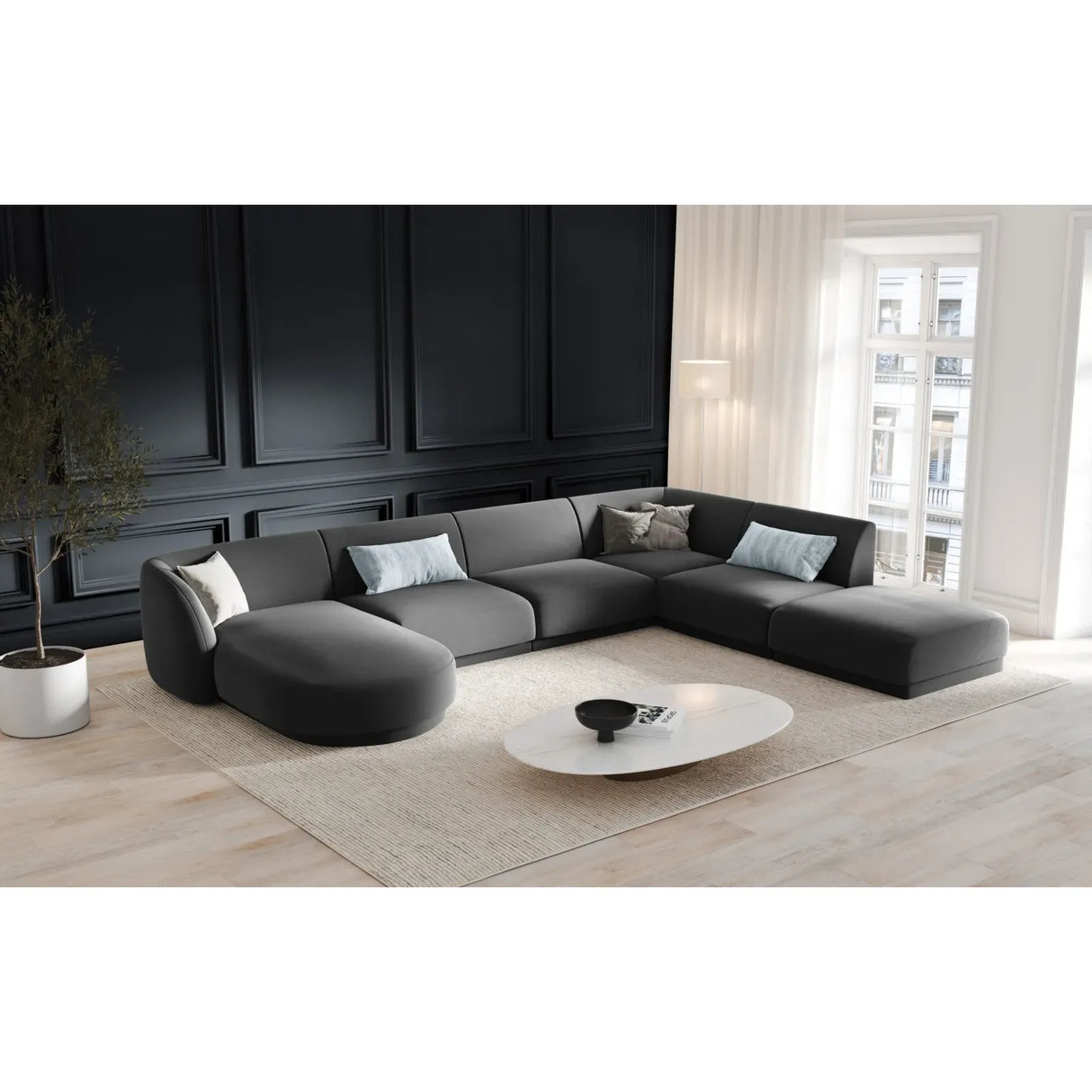 Miley 6-seater panoramic sofa right with velvet or boucle upholstery, 330x255 cm