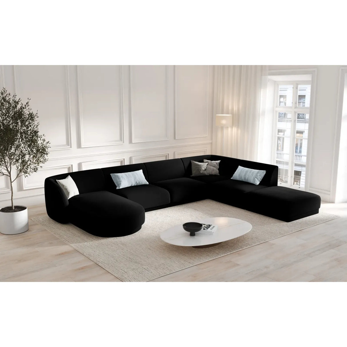 Miley 6-seater panoramic sofa right with velvet or boucle upholstery, 330x255 cm
