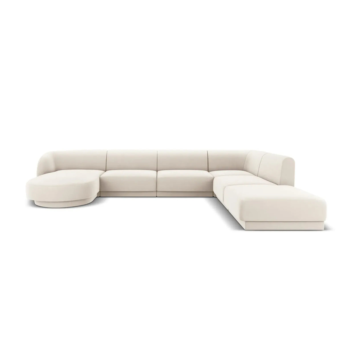Miley 6-seater panoramic sofa right with velvet or boucle upholstery, 330x255 cm