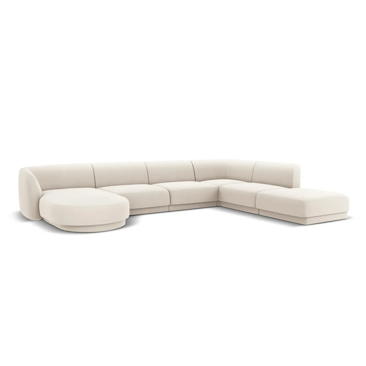 Miley 6-seater panoramic sofa right with velvet or boucle upholstery, 330x255 cm