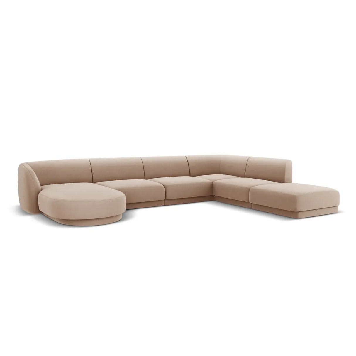 Miley 6-seater panoramic sofa right with velvet or boucle upholstery, 330x255 cm