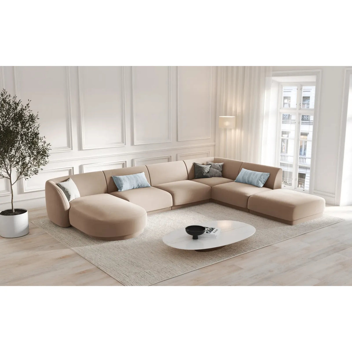 Miley 6-seater panoramic sofa right with velvet or boucle upholstery, 330x255 cm