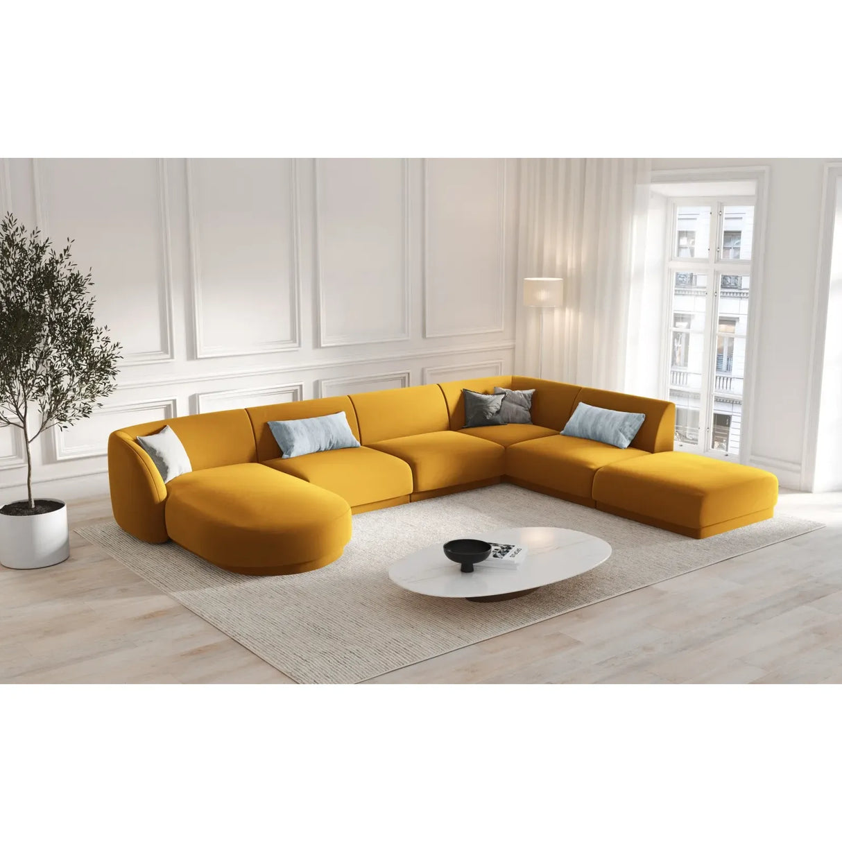 Miley 6-seater panoramic sofa right with velvet or boucle upholstery, 330x255 cm