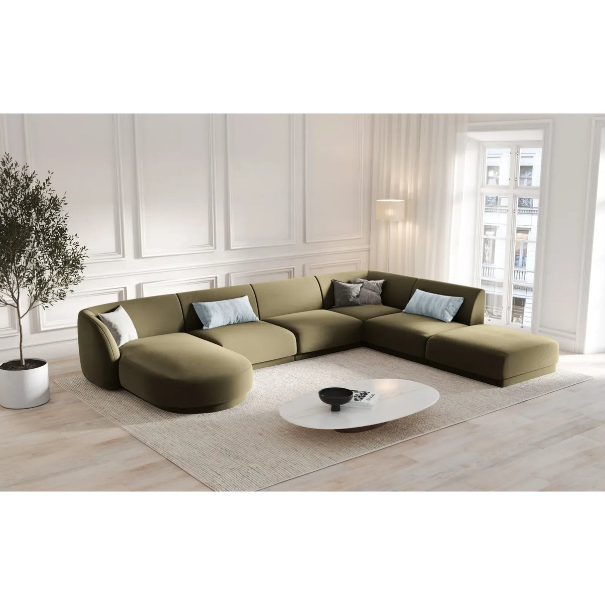 Miley 6-seater panoramic sofa right with velvet or boucle upholstery, 330x255 cm