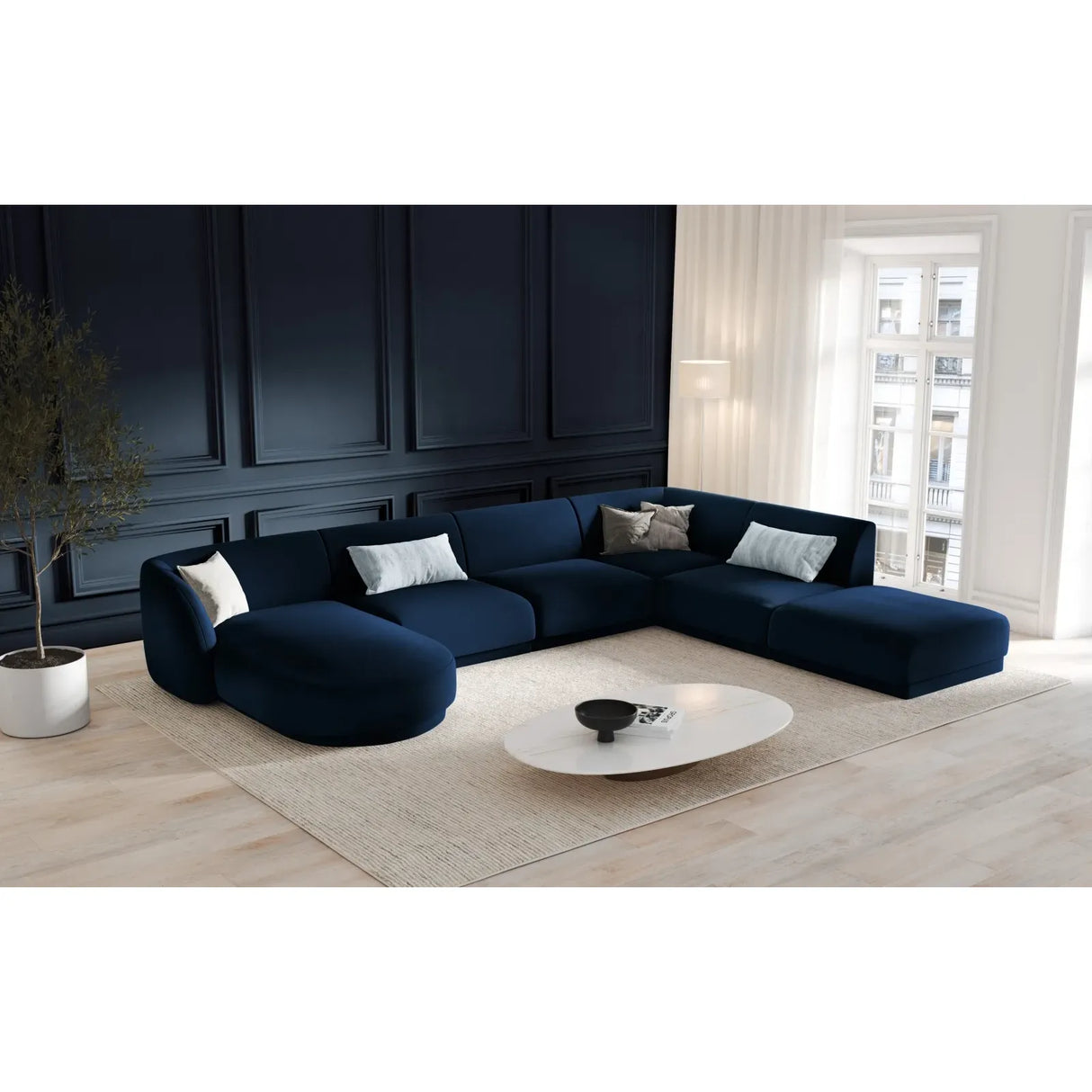 Miley 6-seater panoramic sofa right with velvet or boucle upholstery, 330x255 cm