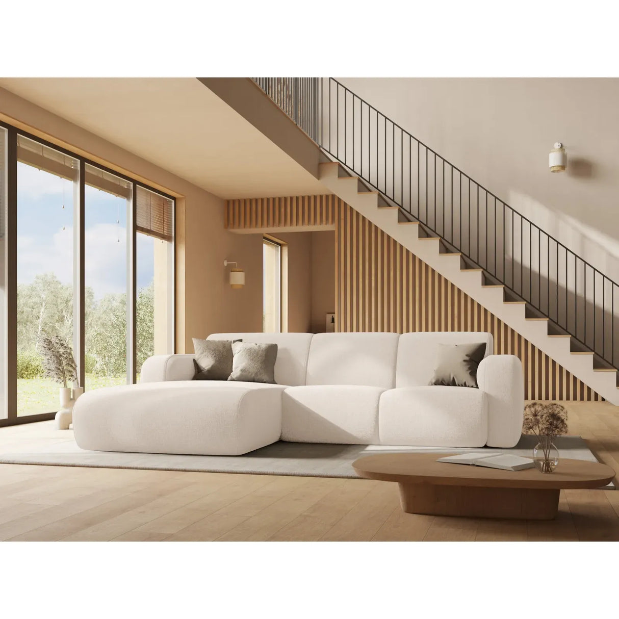 Canapé d'angle 4 places Molino, côté droit, avec revêtement en chenille ou bouclé, 250 x 170 cm