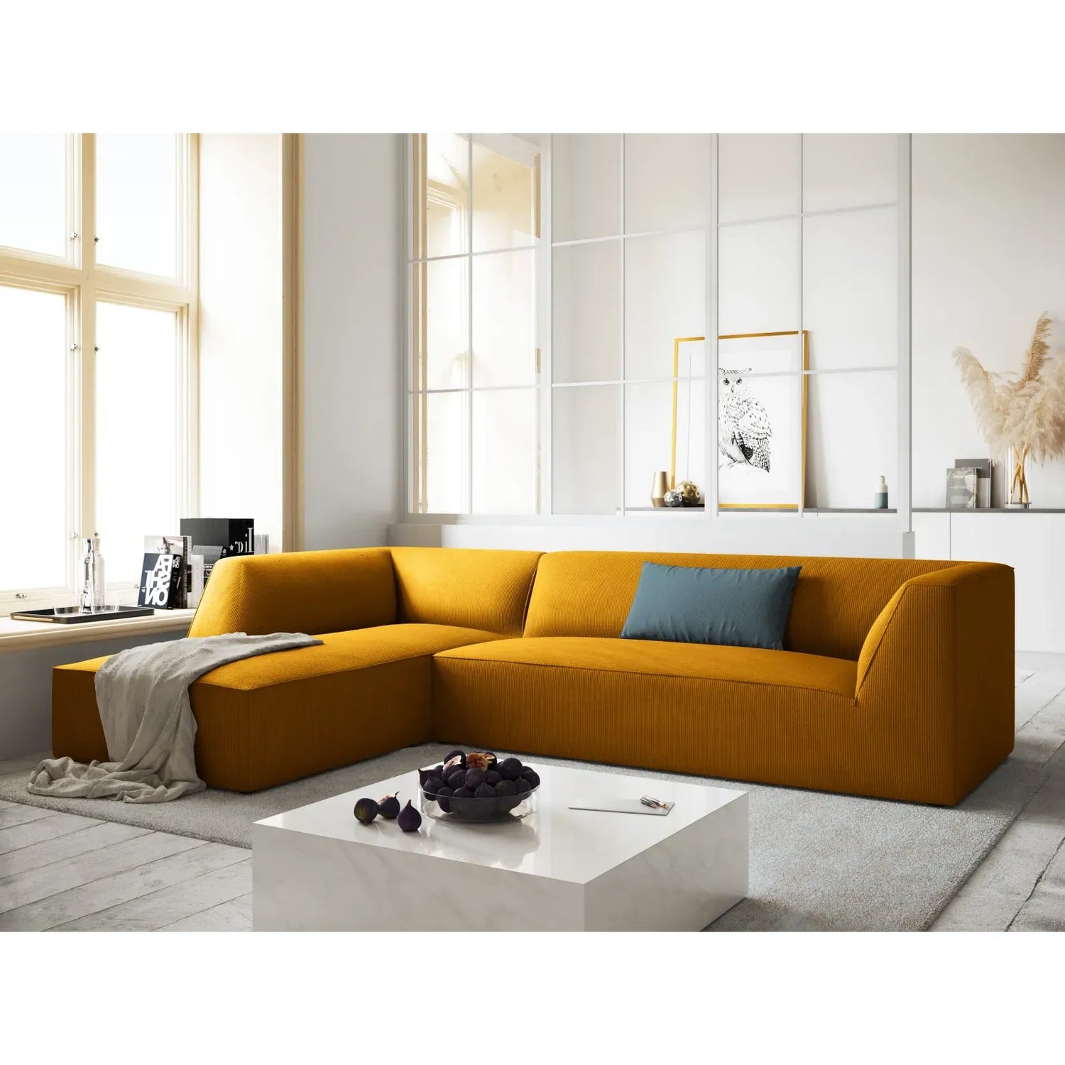 Canapé d'angle Ruby 4 places, côté gauche, revêtu de velours, de velours côtelé ou de tissu texturé, 273 x 180 cm