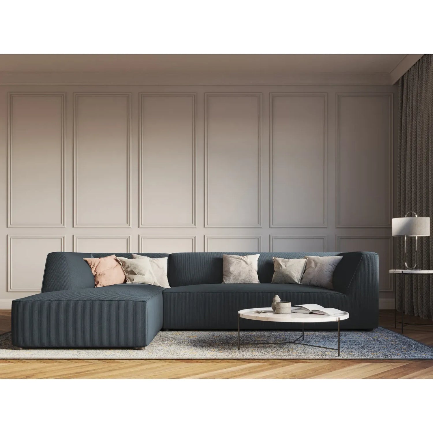 Canapé d'angle Ruby 4 places, côté gauche, revêtu de velours, de velours côtelé ou de tissu texturé, 273 x 180 cm