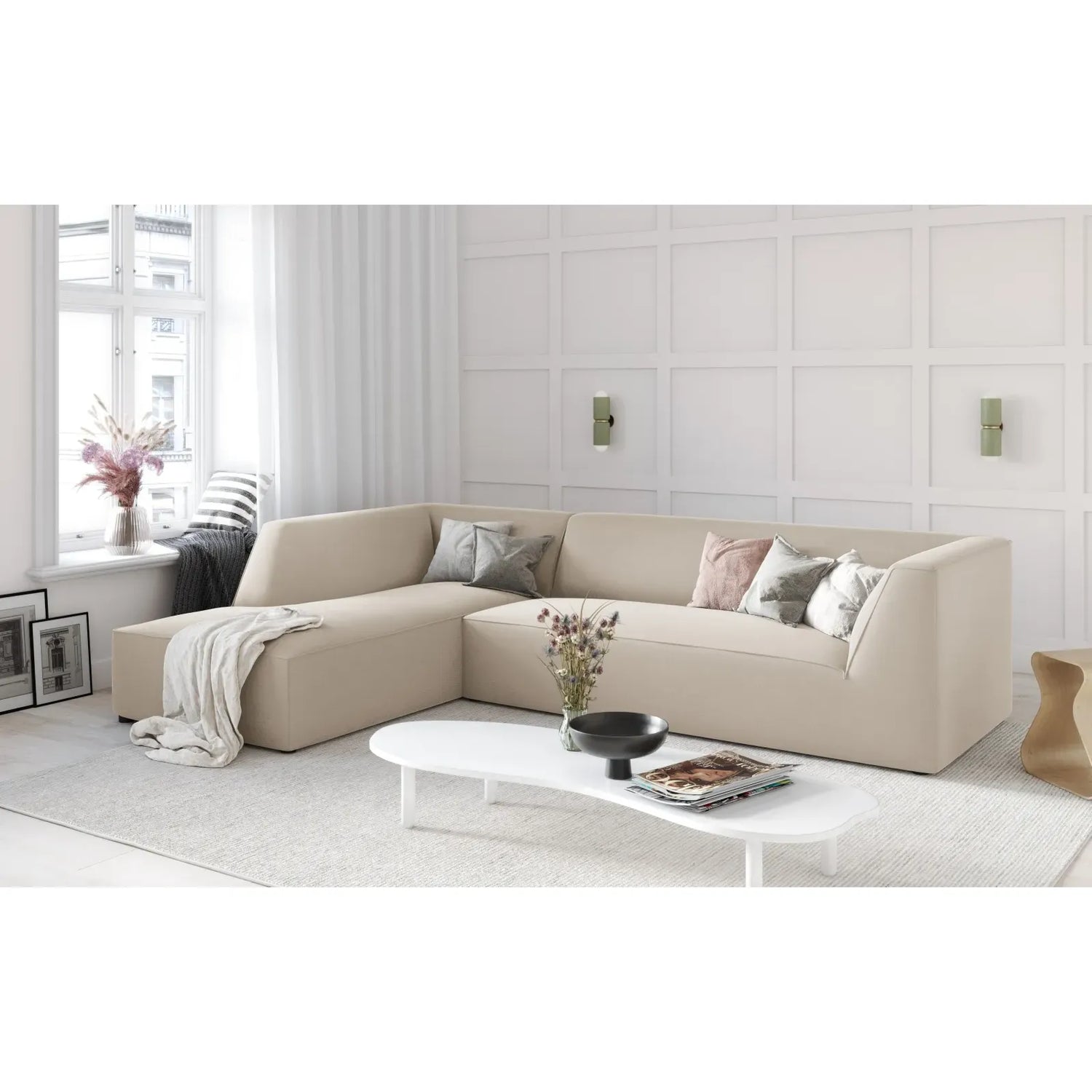 Ruby 4-Sitzer Ecksofa Links, mit Bezug aus Samt, Cord oder Strukturstoff, 273x180 cm - ZEN ZONE Furniture
