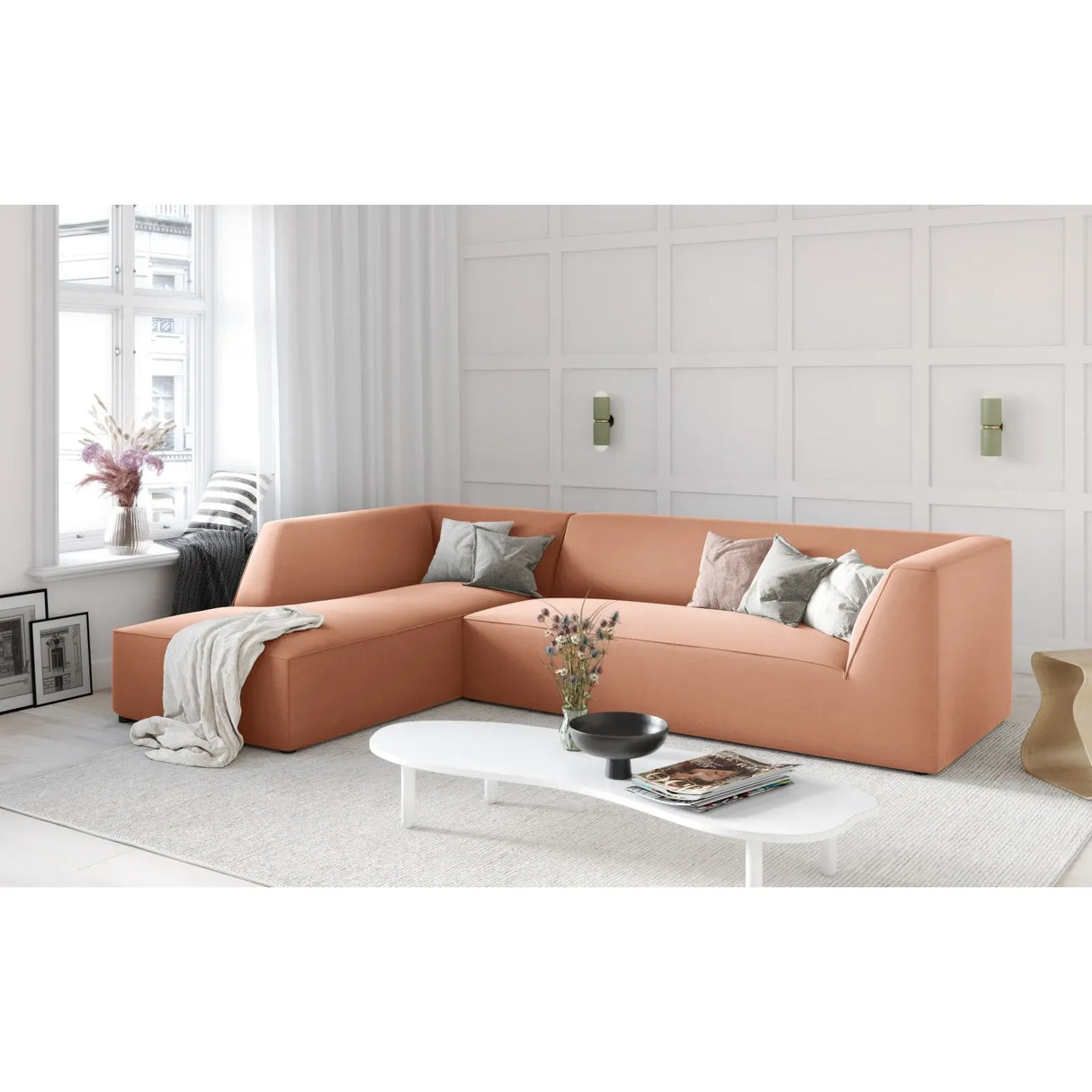 Canapé d'angle Ruby 4 places, côté gauche, revêtu de velours, de velours côtelé ou de tissu texturé, 273 x 180 cm