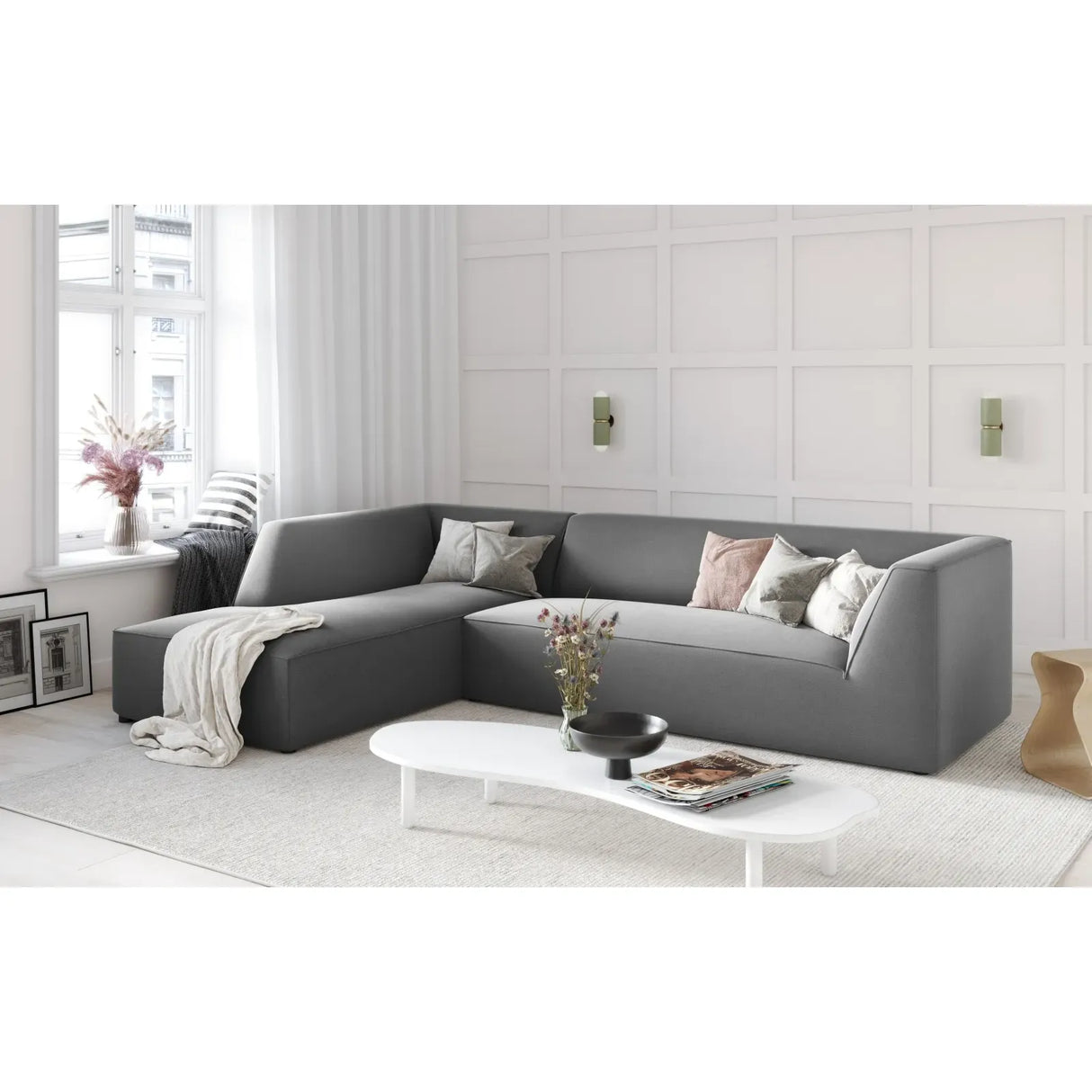 Canapé d'angle Ruby 4 places, côté gauche, revêtu de velours, de velours côtelé ou de tissu texturé, 273 x 180 cm