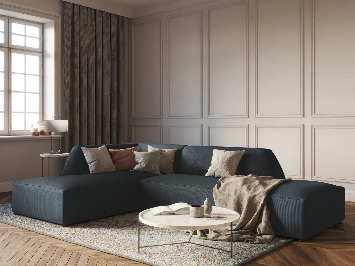 Ruby 4-seater corner sofa, open, left-hand, with cover in velvet, corduroy or textured fabric, 273x180 cm