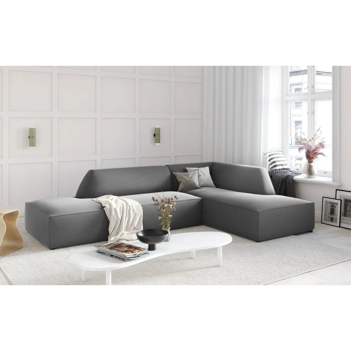 Canapé d'angle Ruby 4 places, ouvert, côté droit, avec revêtement en velours, velours côtelé ou tissu texturé, 273 x 180 cm