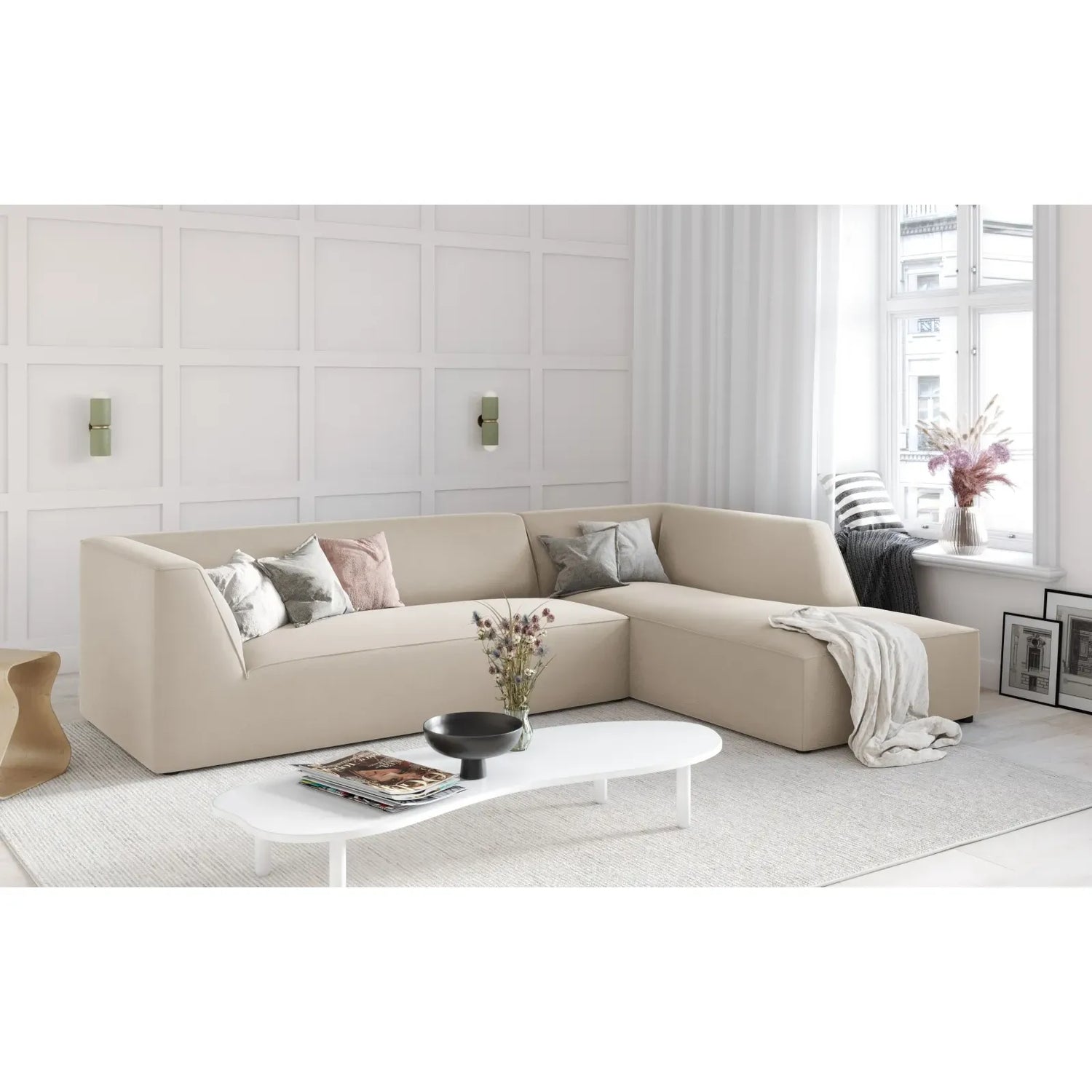 Ruby 4-Sitzer Ecksofa Rechts, mit Bezug aus Samt, Cord oder Strukturstoff, 273x180 cm - ZEN ZONE Furniture