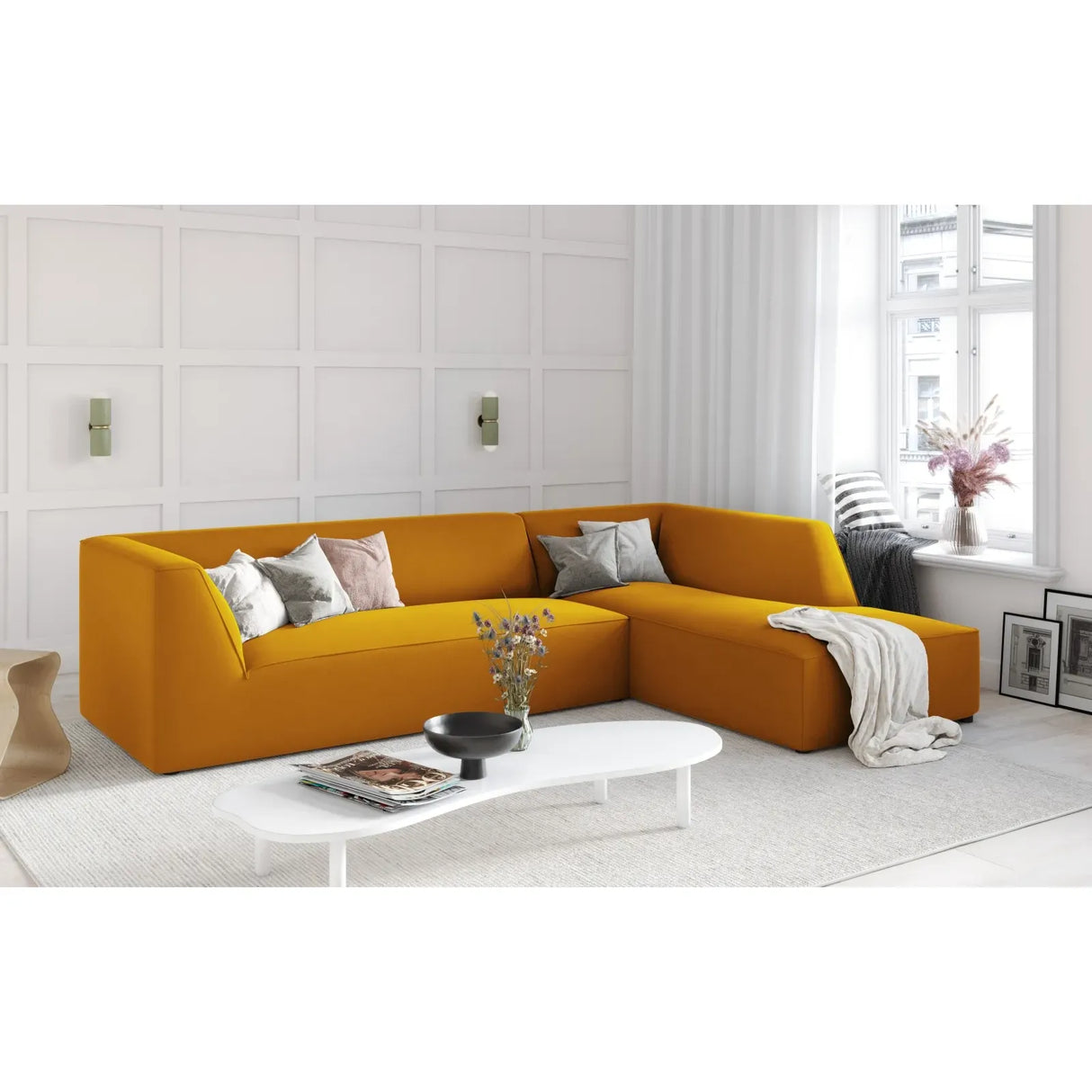 Ruby 4-seater corner sofa, right-hand side, with cover in velvet, corduroy or textured fabric, 273x180 cm