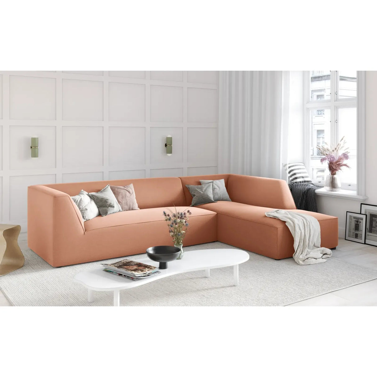 Ruby 4-seater corner sofa, right-hand side, with cover in velvet, corduroy or textured fabric, 273x180 cm