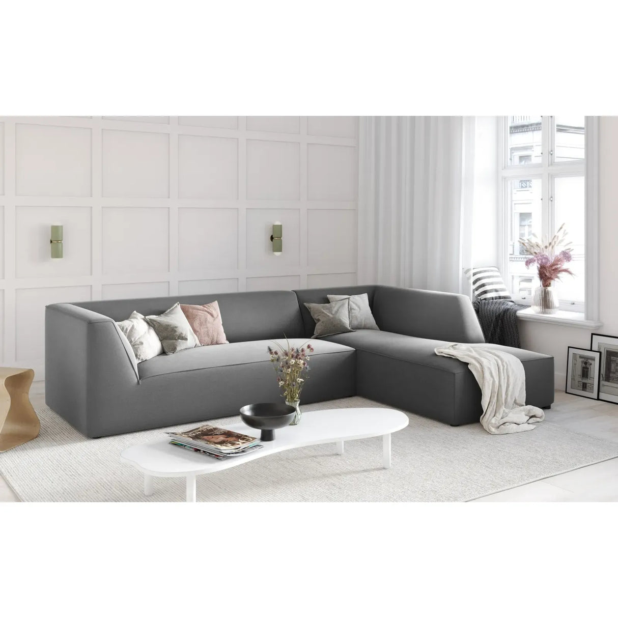 Ruby 4-seater corner sofa, right-hand side, with cover in velvet, corduroy or textured fabric, 273x180 cm