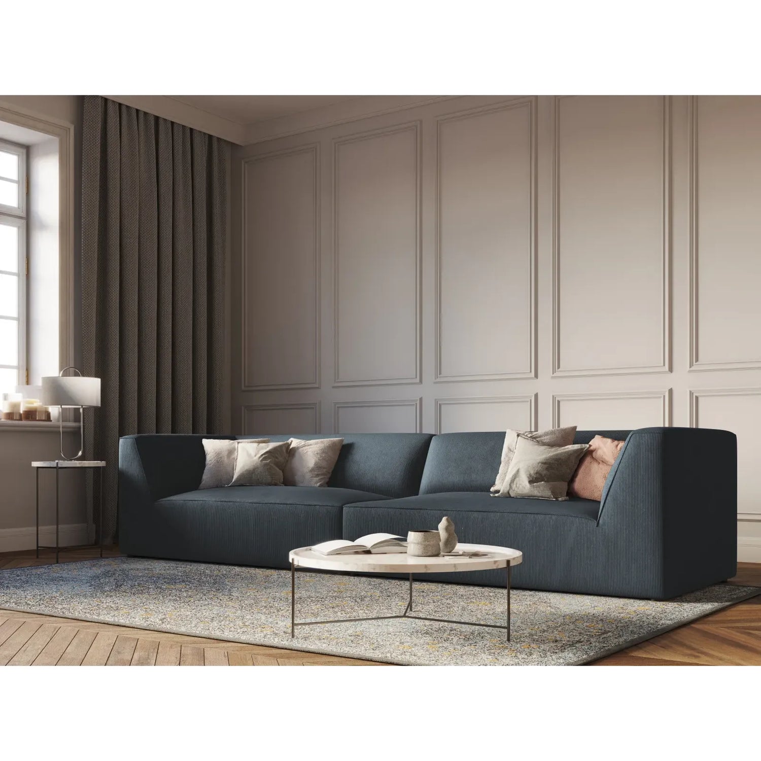 Ruby 4-seater sofa with cover in velvet, corduroy or textured fabric, 302x93 cm
