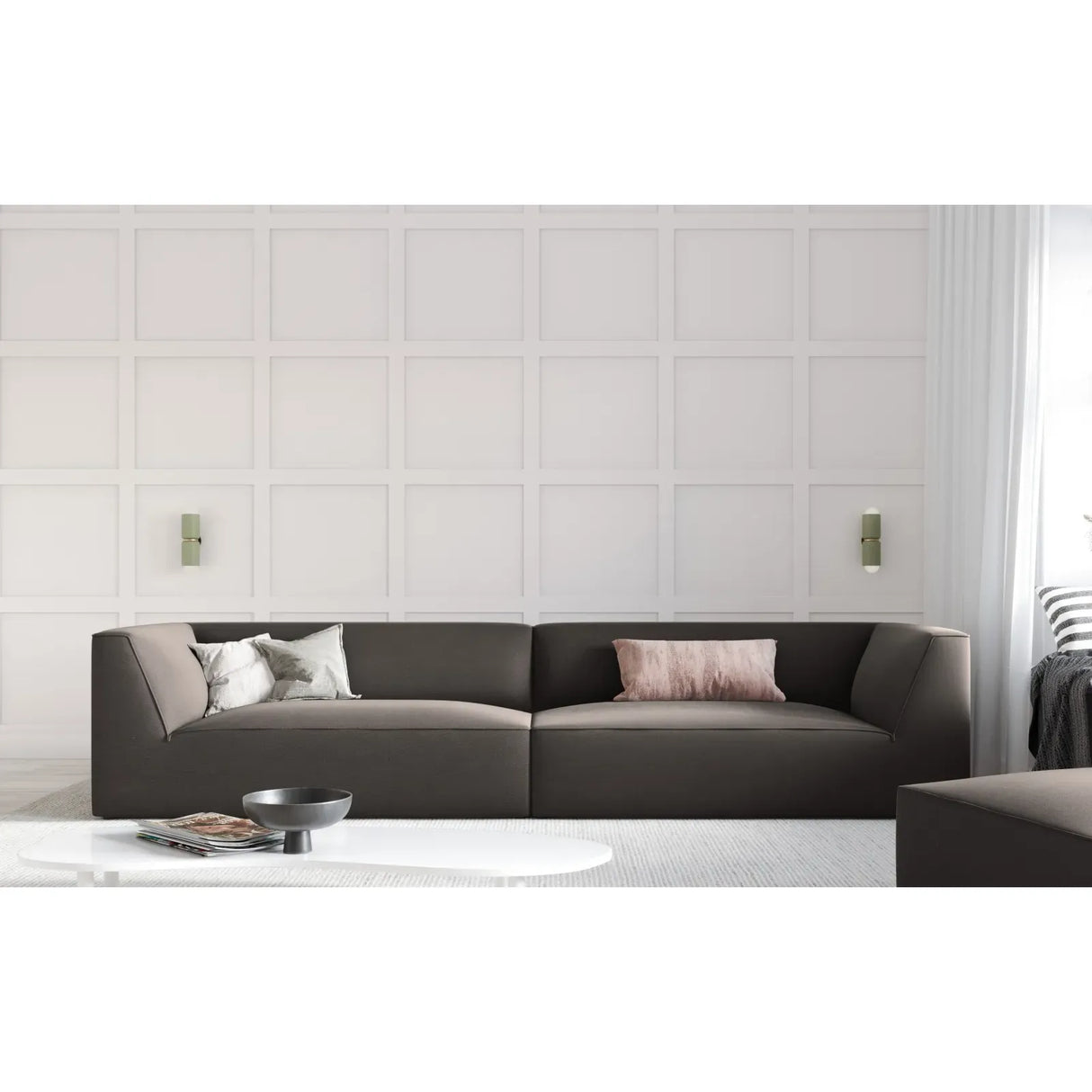 Ruby 4-seater sofa with cover in velvet, corduroy or textured fabric, 302x93 cm