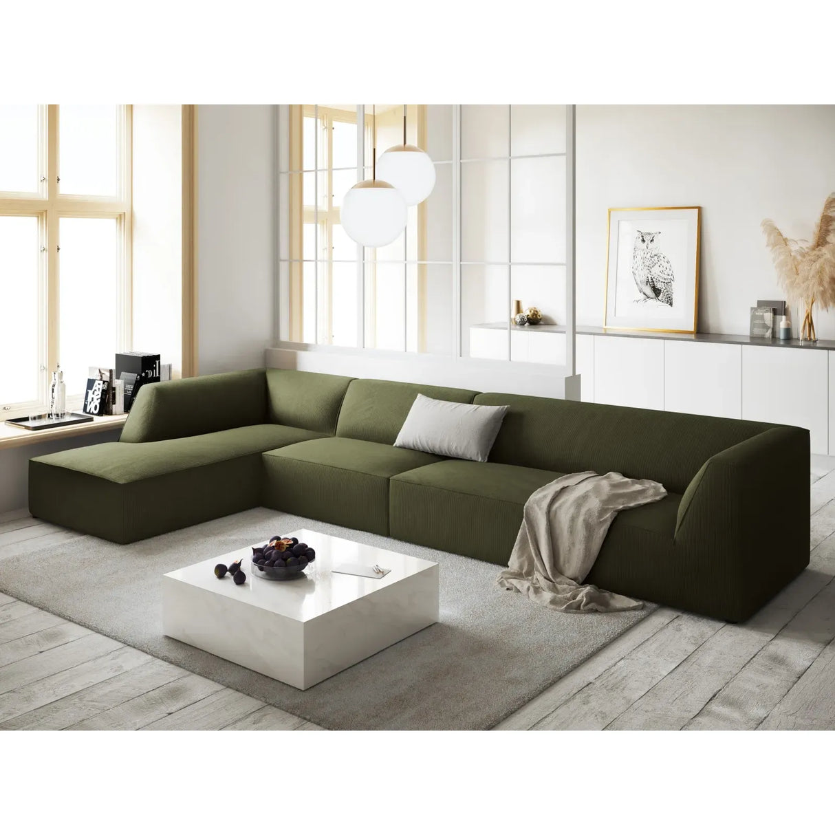 Canapé d'angle Ruby 5 places, côté gauche, revêtu de velours, de velours côtelé ou de tissu texturé, 366 x 180 cm