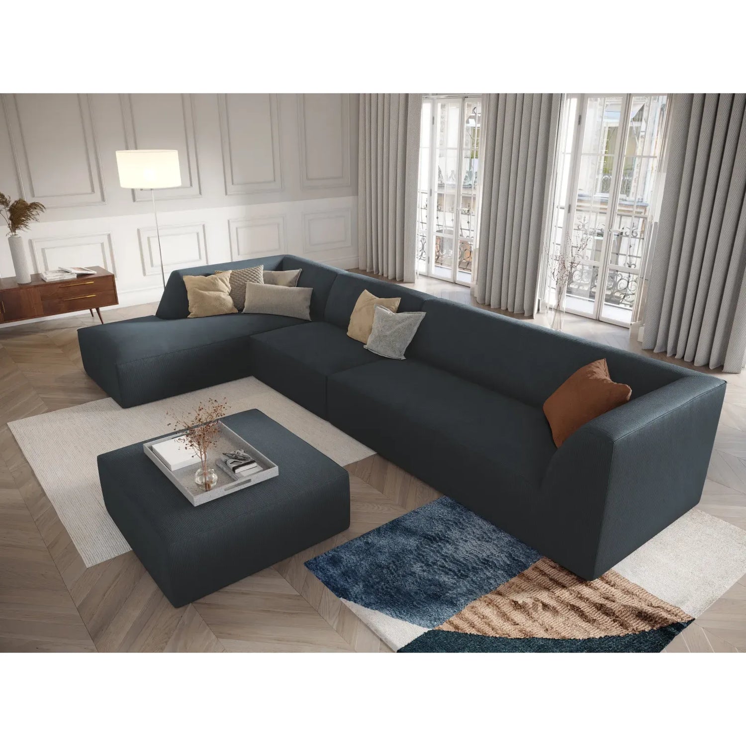 Canapé d'angle Ruby 5 places, côté gauche, revêtu de velours, de velours côtelé ou de tissu texturé, 366 x 180 cm