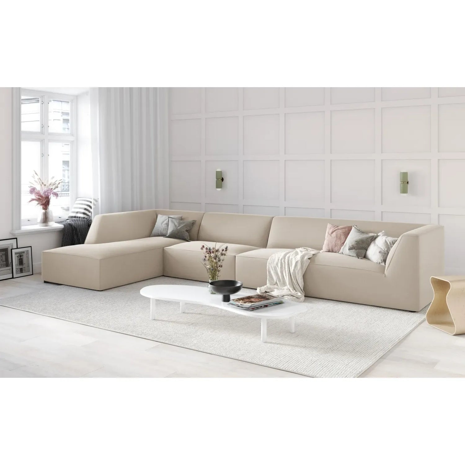 Ruby 5-Sitzer Ecksofa Links, mit Bezug aus Samt, Cord oder Strukturstoff, 366x180 cm - ZEN ZONE Furniture