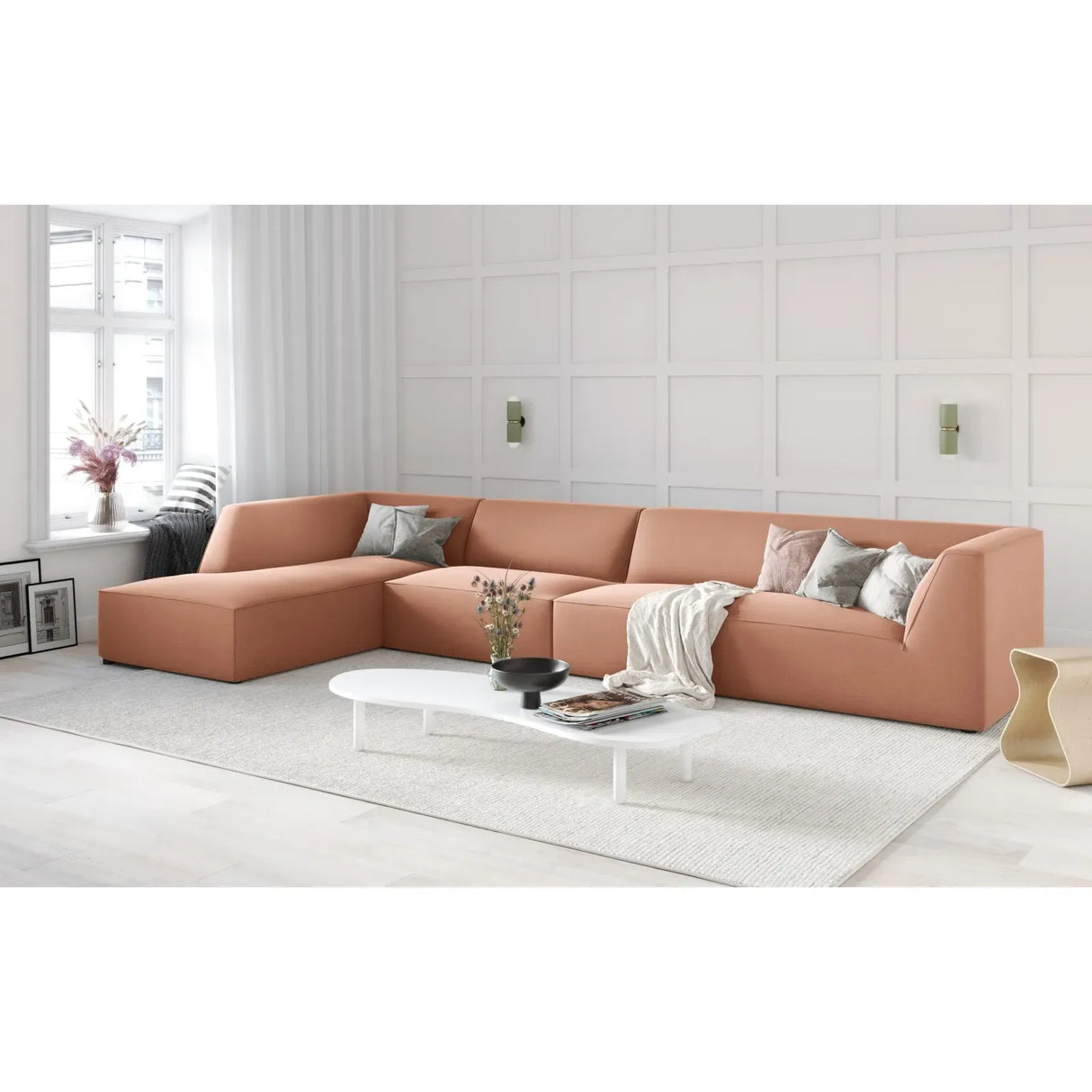 Canapé d'angle Ruby 5 places, côté gauche, revêtu de velours, de velours côtelé ou de tissu texturé, 366 x 180 cm