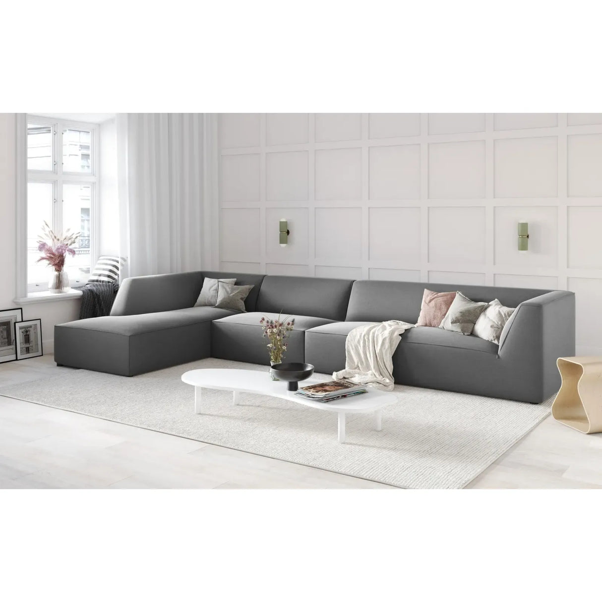 Canapé d'angle Ruby 5 places, côté gauche, revêtu de velours, de velours côtelé ou de tissu texturé, 366 x 180 cm