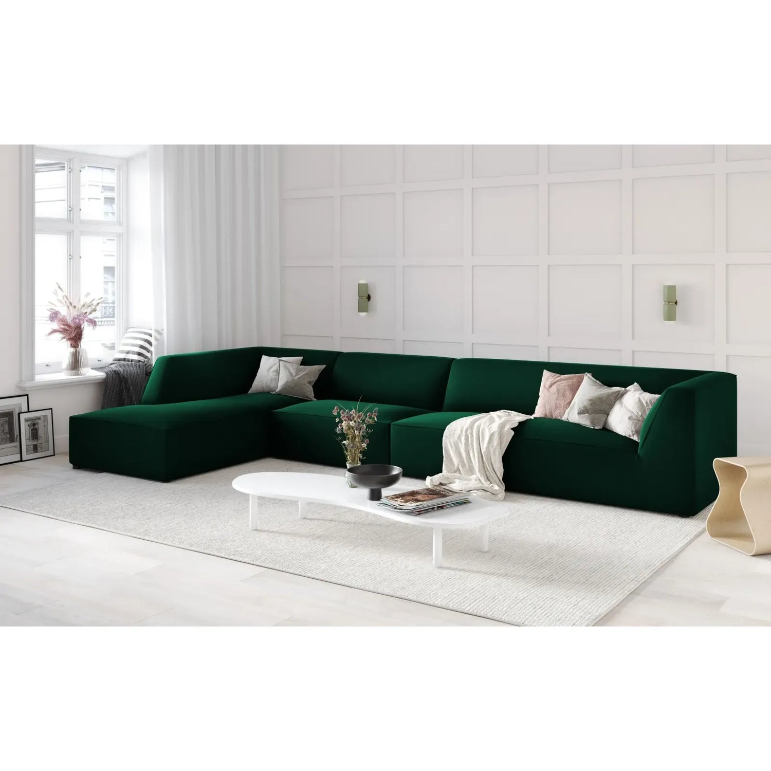 Ruby 5-Sitzer Ecksofa Links, mit Bezug aus Samt, Cord oder Strukturstoff, 366x180 cm - ZEN ZONE Furniture