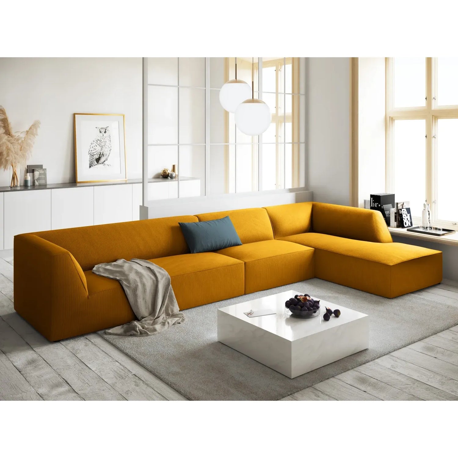 Ruby 5-Sitzer Ecksofa Rechts, mit Bezug aus Samt, Cord oder Strukturstoff, 366x180 cm - ZEN ZONE Furniture