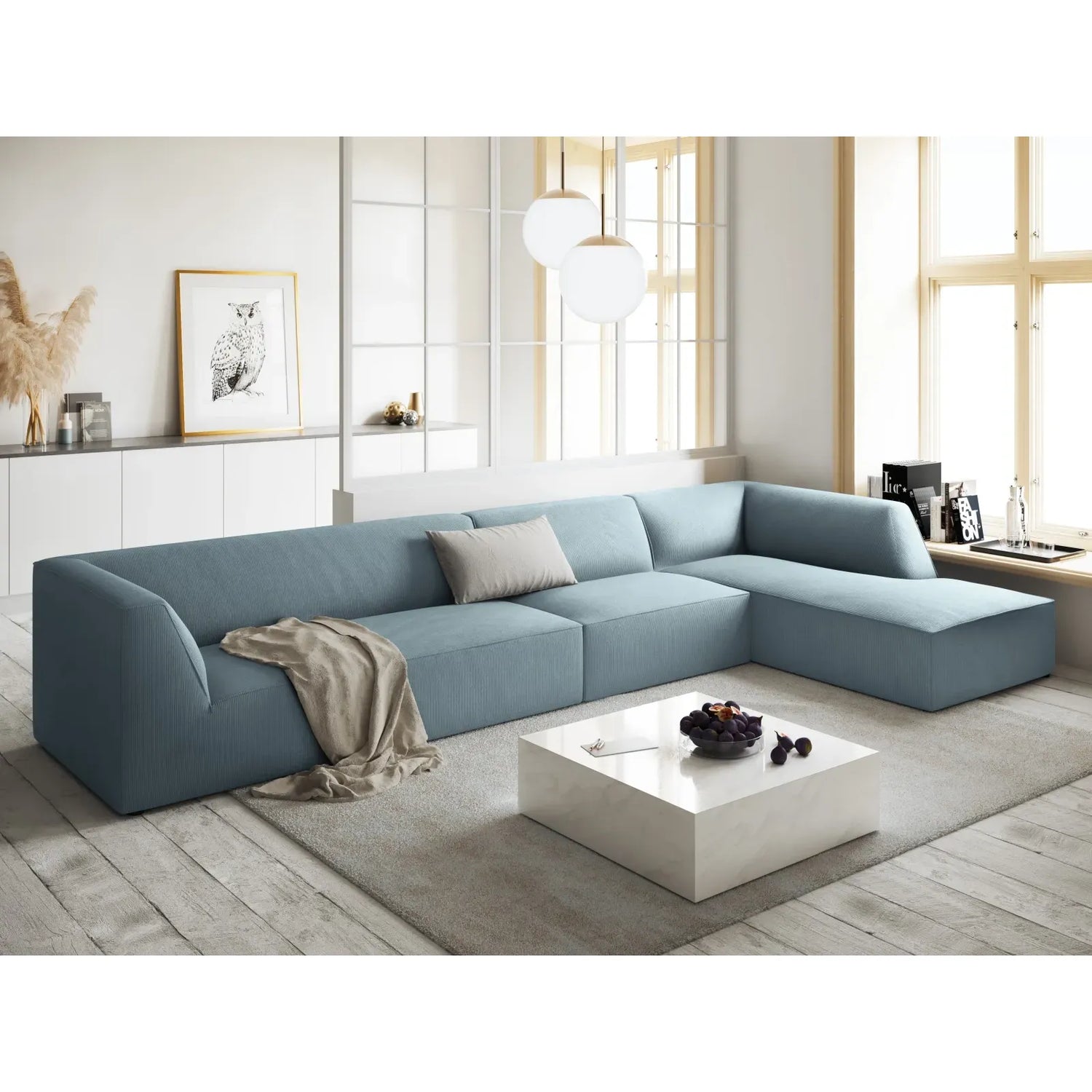 Ruby 5-Sitzer Ecksofa Rechts, mit Bezug aus Samt, Cord oder Strukturstoff, 366x180 cm - ZEN ZONE Furniture