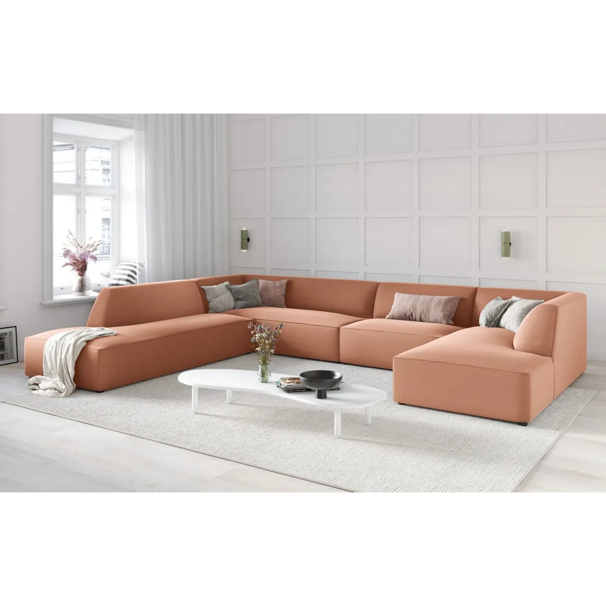Ruby 7-Sitzer Panorama-Sofa Links, mit Bezug in Samt, Cord oder Strukturstoff, 366x273 cm
