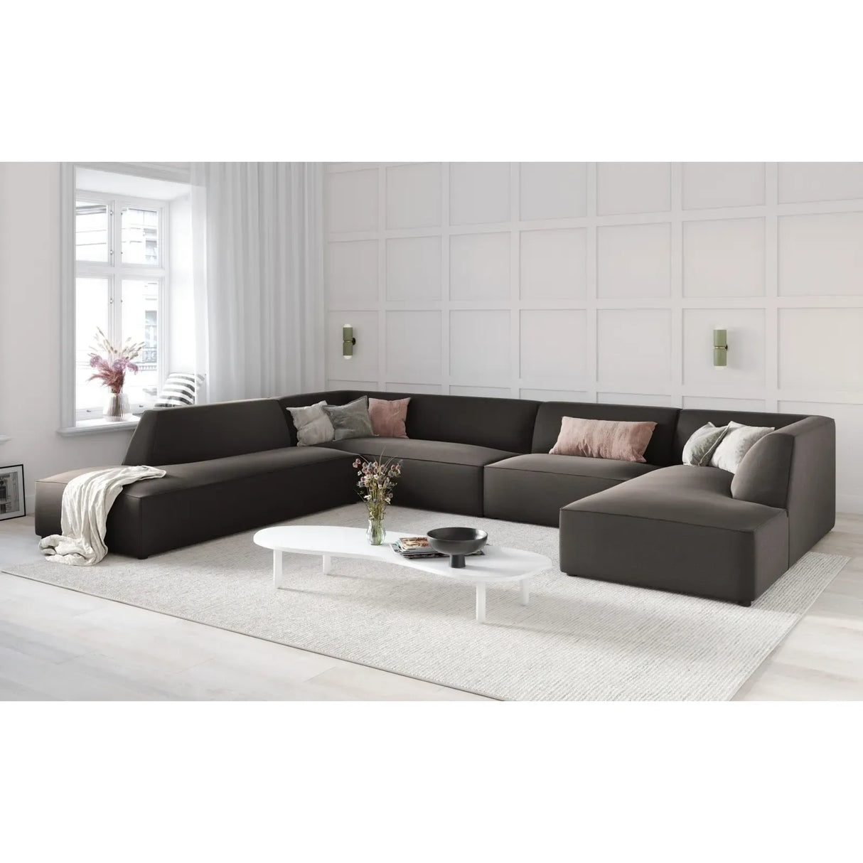 Ruby 7-Sitzer Panorama-Sofa Links, mit Bezug in Samt, Cord oder Strukturstoff, 366x273 cm