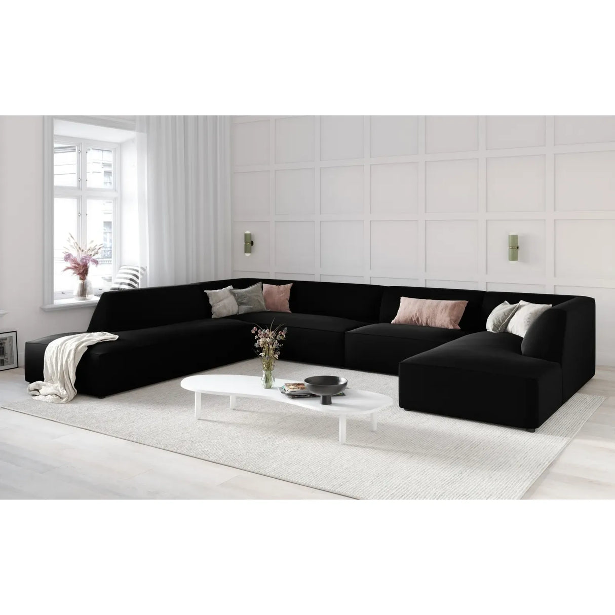 Ruby 7-Sitzer Panorama-Sofa Links, mit Bezug in Samt, Cord oder Strukturstoff, 366x273 cm