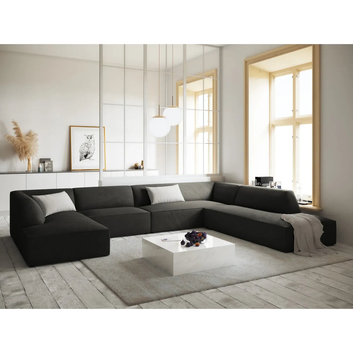 Ruby 7-Sitzer Panorama-Sofa Rechts, mit Bezug in Samt, Cord oder Strukturstoff, 366x273 cm