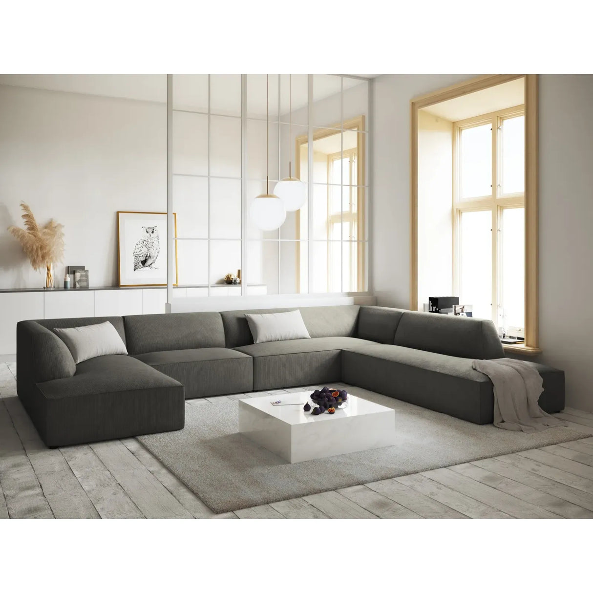 Ruby 7-Sitzer Panorama-Sofa Rechts, mit Bezug in Samt, Cord oder Strukturstoff, 366x273 cm