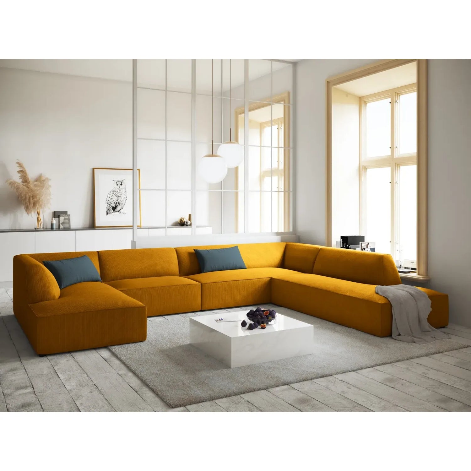 Ruby 7-Sitzer Panorama-Sofa Rechts, mit Bezug in Samt, Cord oder Strukturstoff, 366x273 cm - ZEN ZONE Furniture