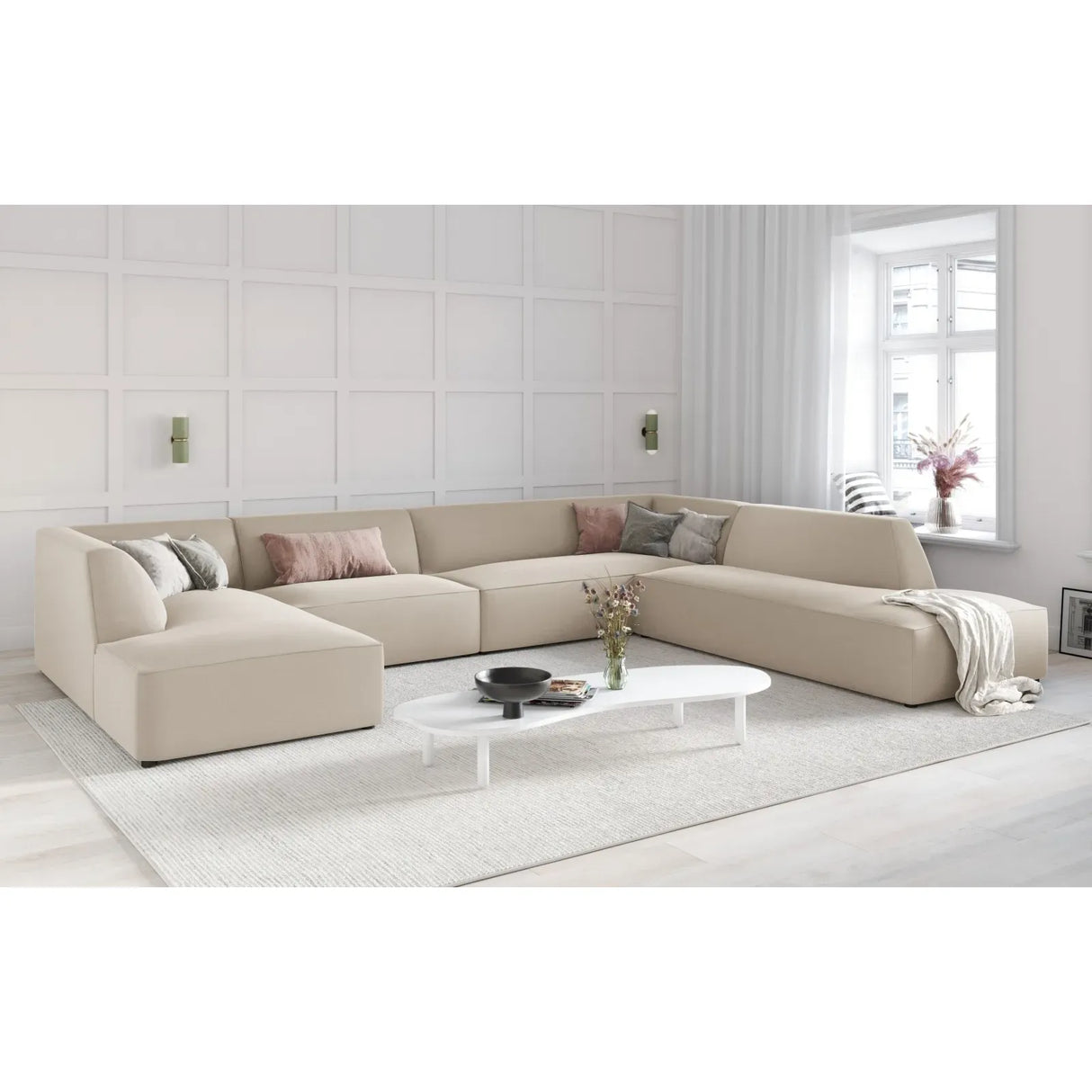 Ruby 7-Sitzer Panorama-Sofa Rechts, mit Bezug in Samt, Cord oder Strukturstoff, 366x273 cm