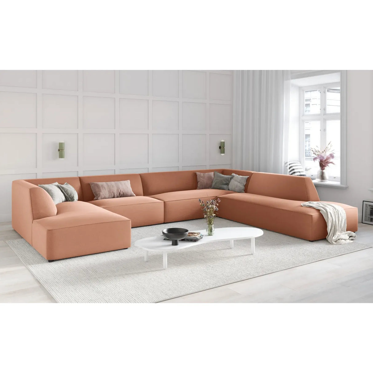Ruby 7-Sitzer Panorama-Sofa Rechts, mit Bezug in Samt, Cord oder Strukturstoff, 366x273 cm