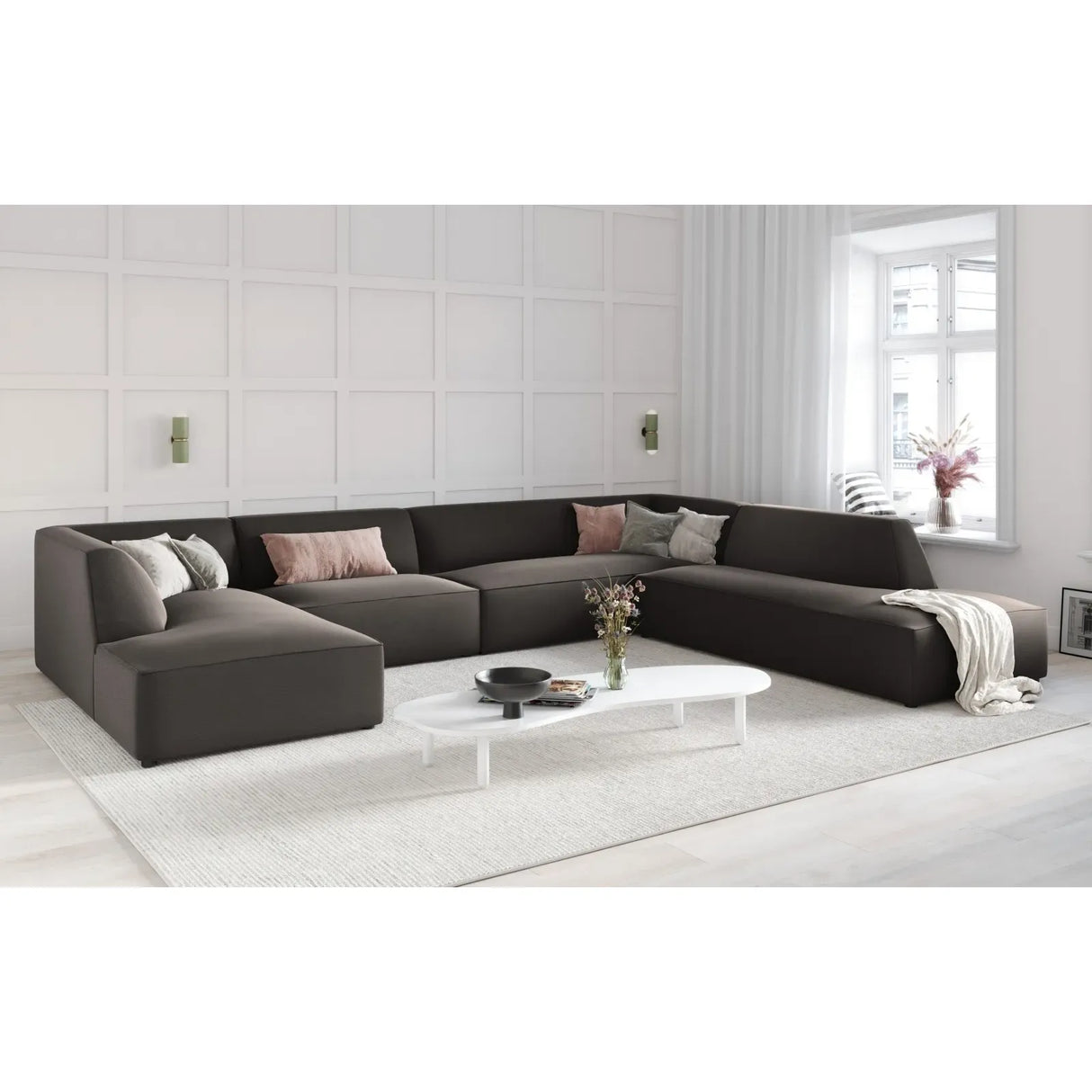 Ruby 7-Sitzer Panorama-Sofa Rechts, mit Bezug in Samt, Cord oder Strukturstoff, 366x273 cm